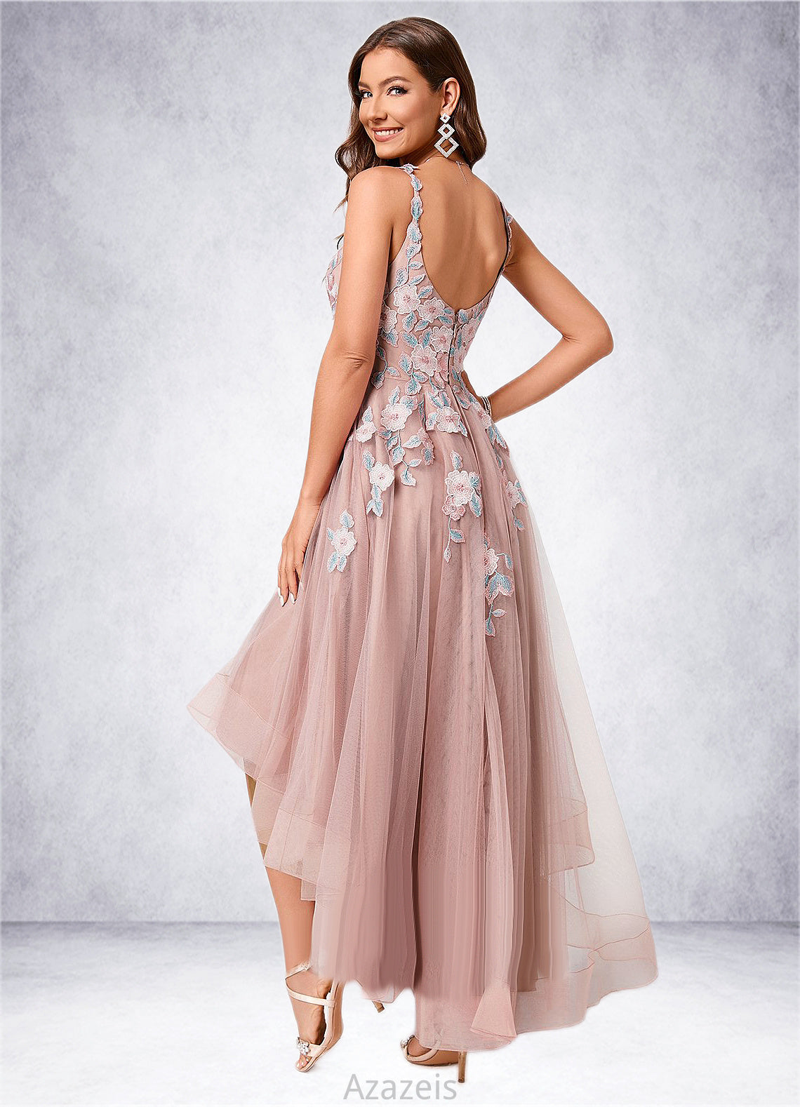 Maleah A-line Off the Shoulder Asymmetrical Lace Tulle Cocktail Dress With Flower DFP0022258