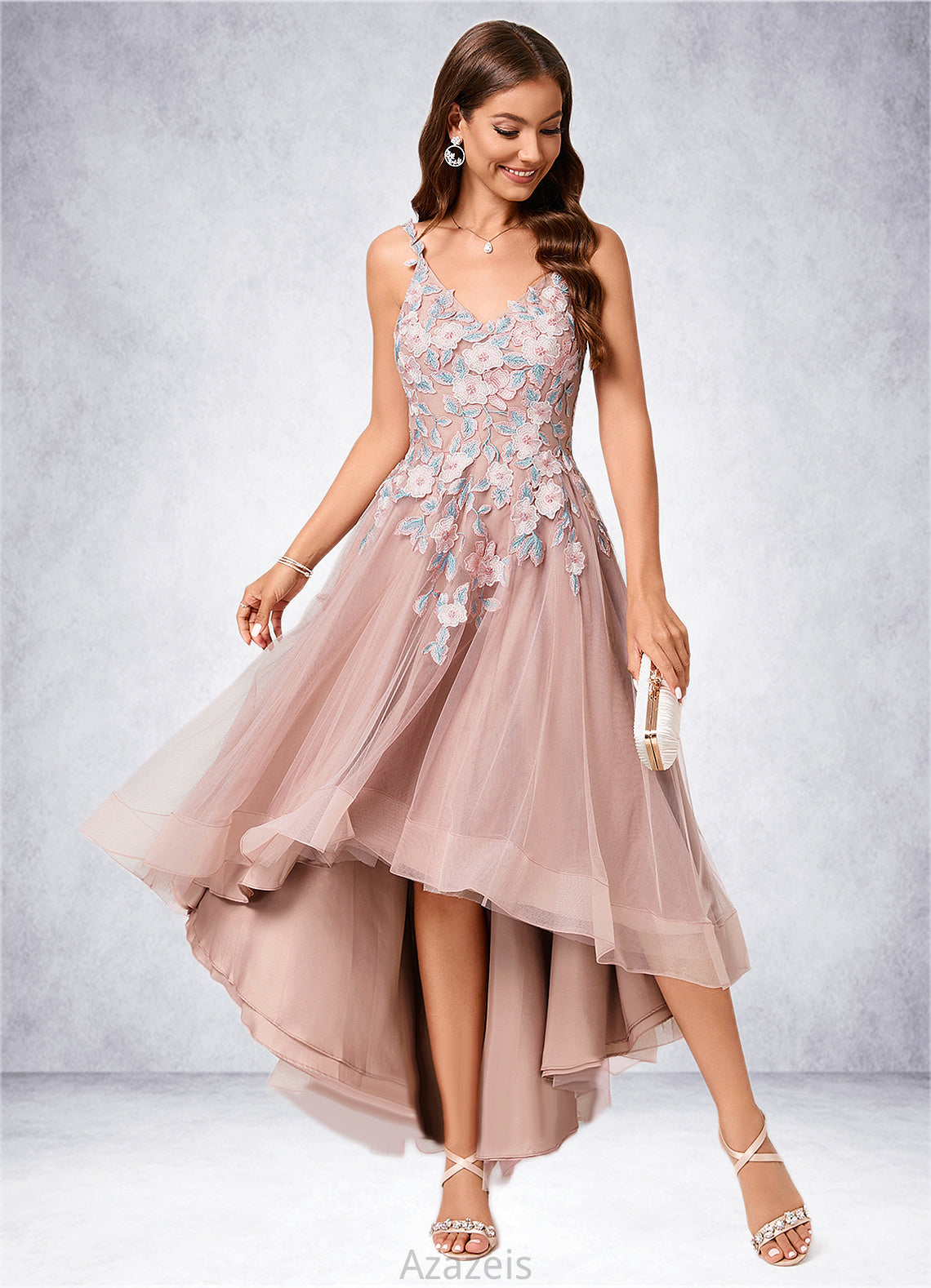 Maleah A-line Off the Shoulder Asymmetrical Lace Tulle Cocktail Dress With Flower DFP0022258