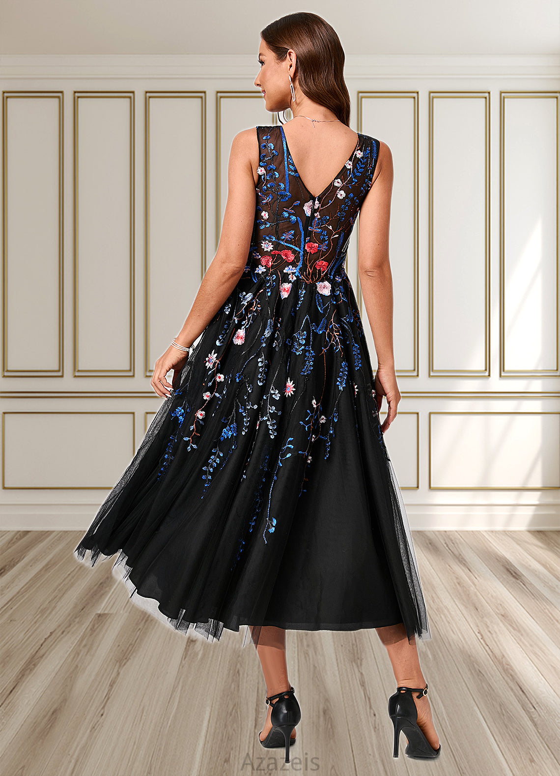 Ingrid A-line V-Neck Tea-Length Lace Tulle Cocktail Dress With Appliques Lace DFP0022260