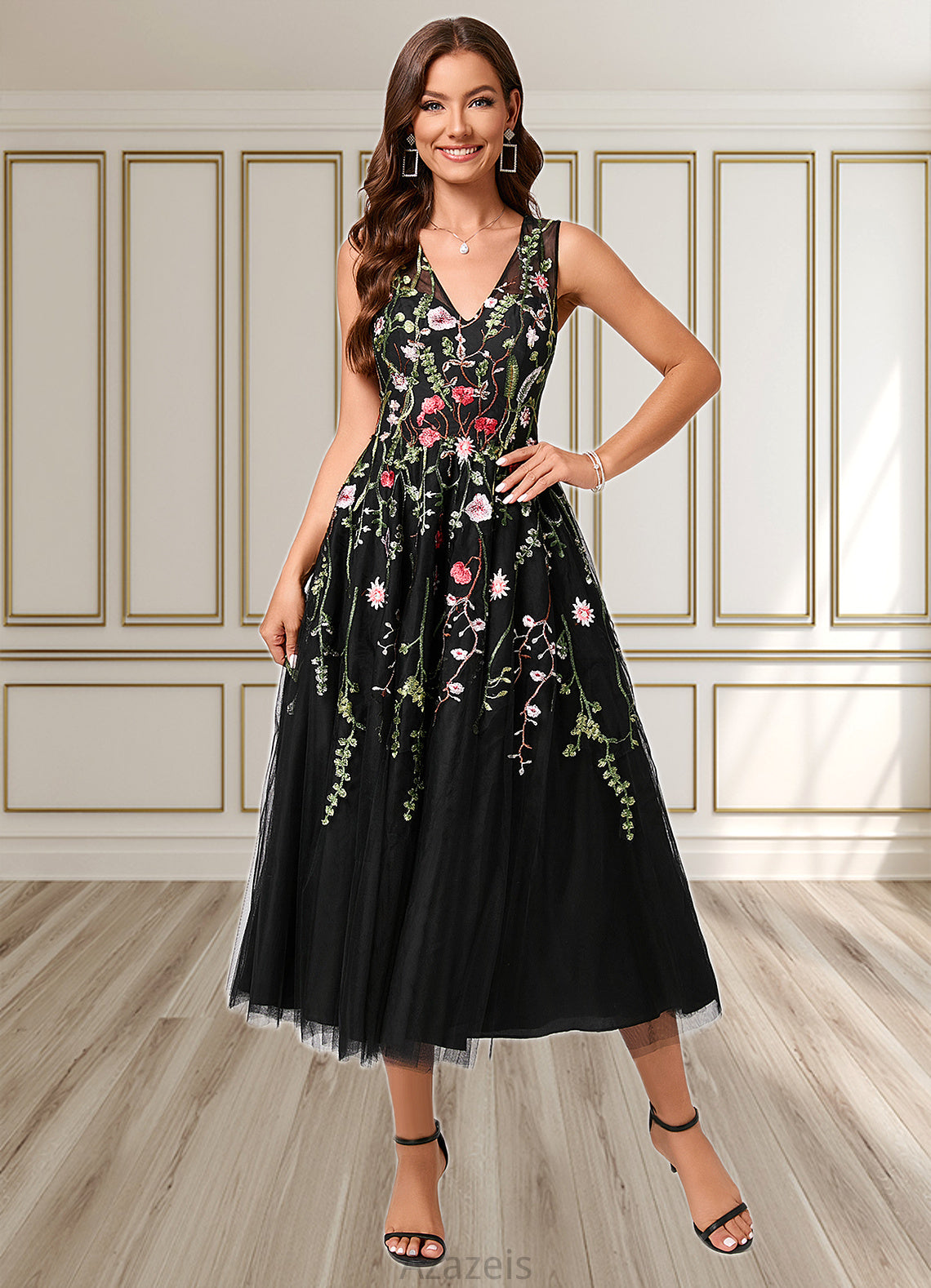 Ingrid A-line V-Neck Tea-Length Lace Tulle Cocktail Dress With Appliques Lace DFP0022260