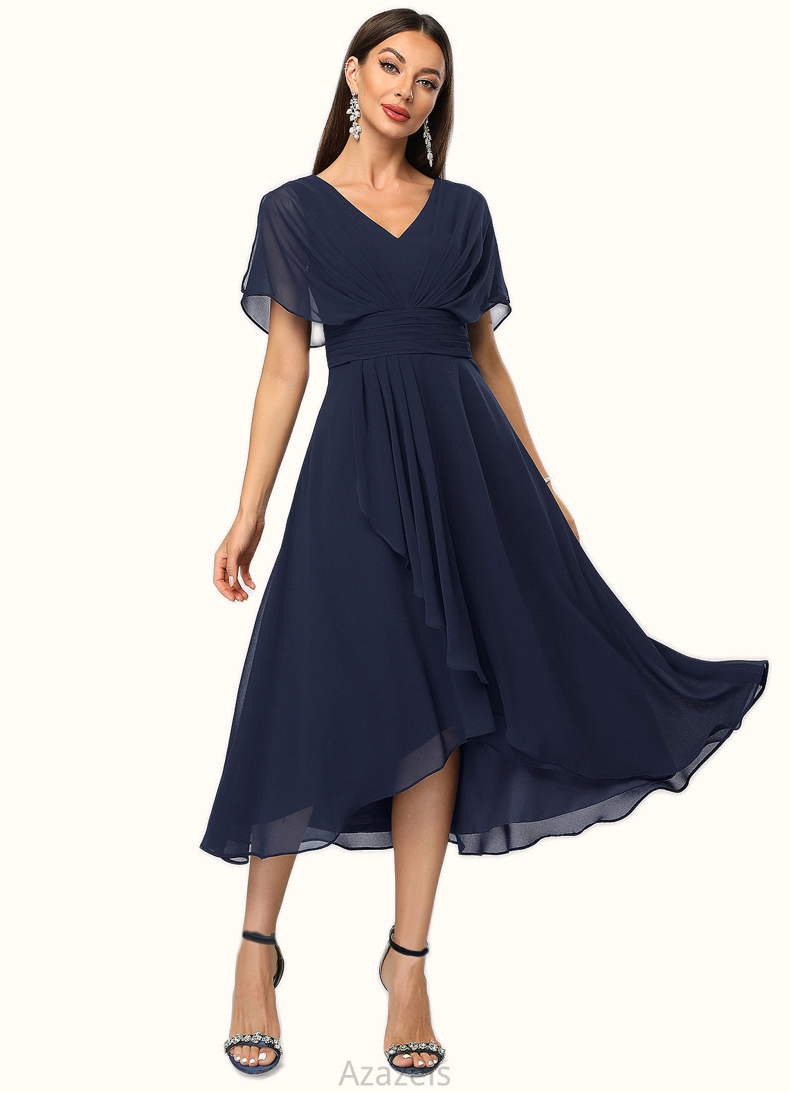 Marisa A-line V-Neck Asymmetrical Chiffon Cocktail Dress With Cascading Ruffles DFP0022263