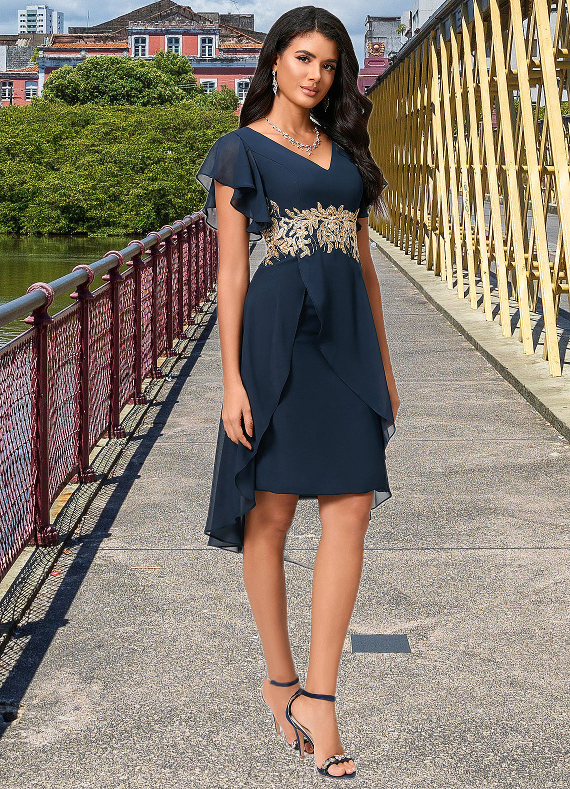 Aimee Sheath/Column V-Neck Asymmetrical Chiffon Lace Cocktail Dress With Appliques Lace DFP0022268