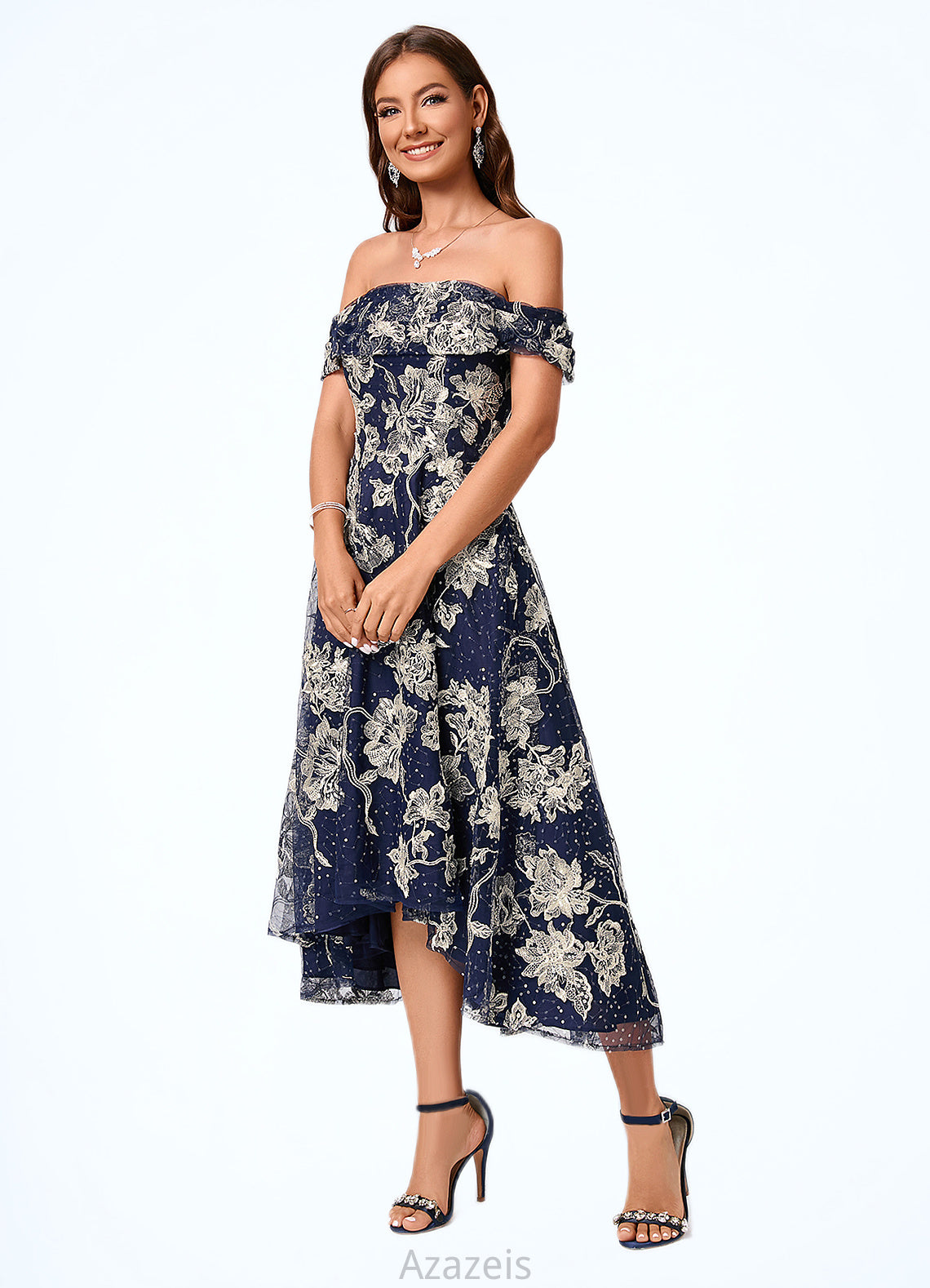 Vanessa A-line Off the Shoulder Asymmetrical Lace Sequin Cocktail Dress With Sequins DFP0022274