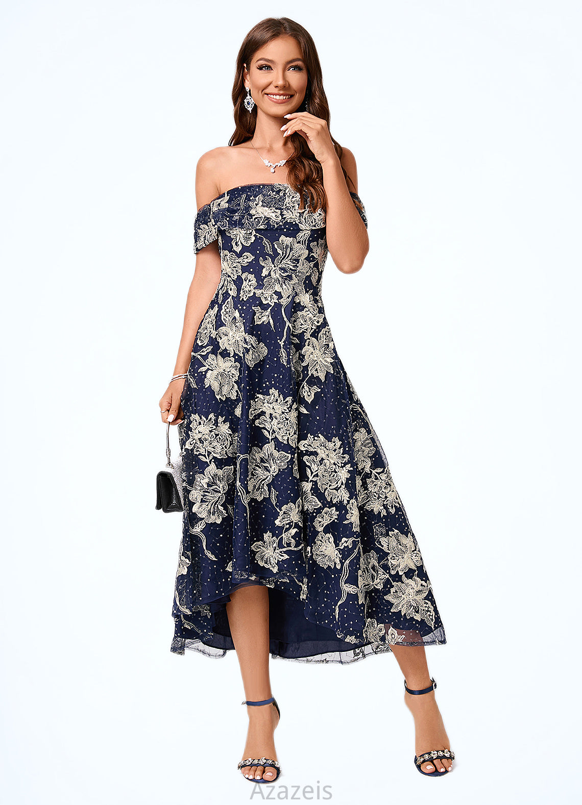 Vanessa A-line Off the Shoulder Asymmetrical Lace Sequin Cocktail Dress With Sequins DFP0022274
