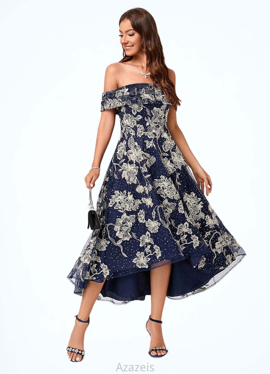 Vanessa A-line Off the Shoulder Asymmetrical Lace Sequin Cocktail Dress With Sequins DFP0022274