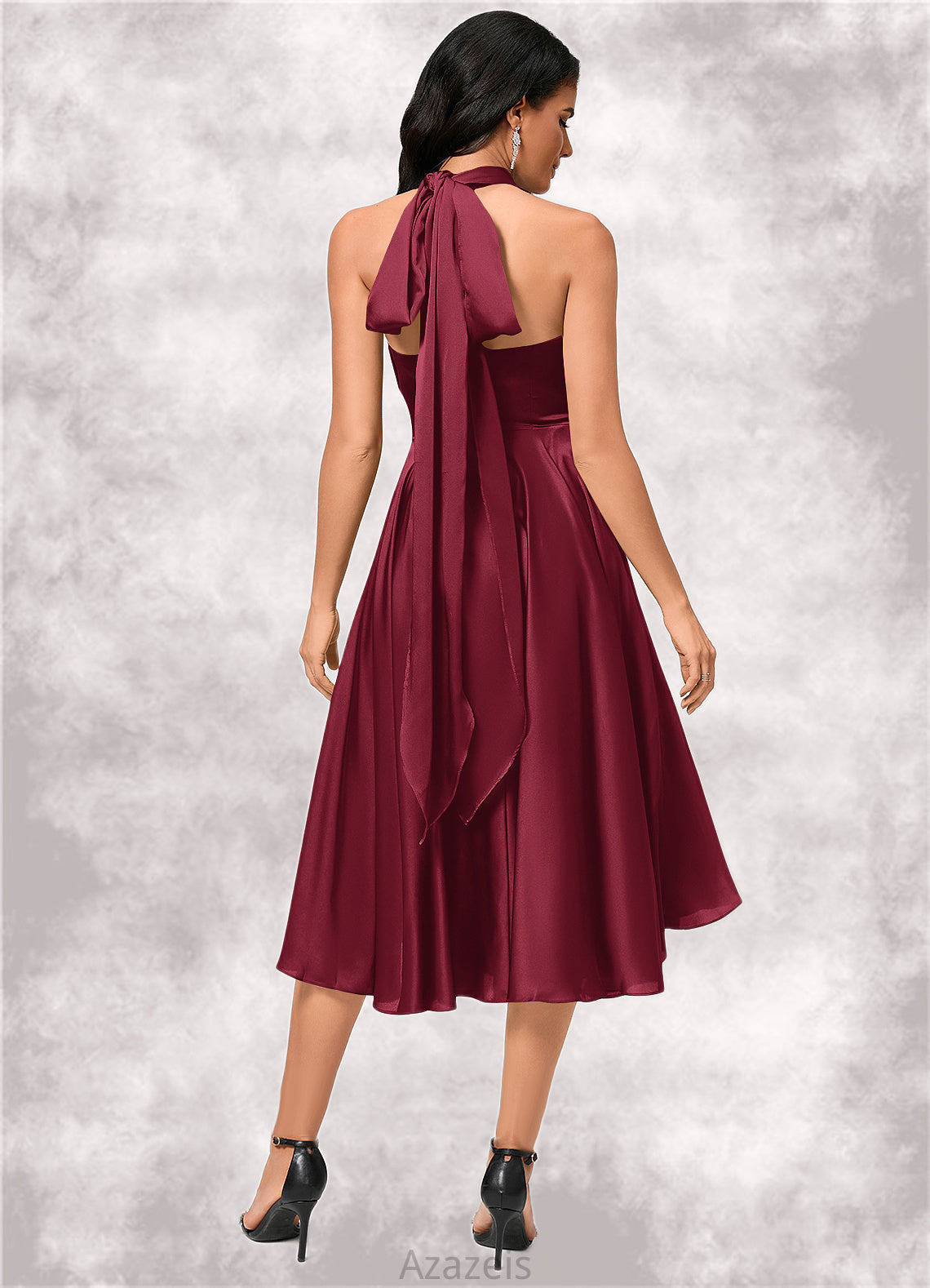 Lorelai A-line Halter One Shoulder V-Neck Asymmetrical Silky Satin Cocktail Dress With Ruffle DFP0022280