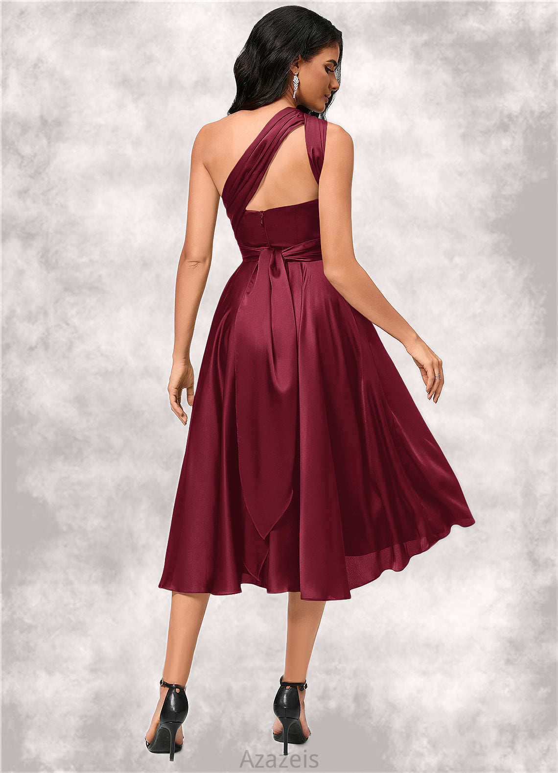 Lorelai A-line Halter One Shoulder V-Neck Asymmetrical Silky Satin Cocktail Dress With Ruffle DFP0022280