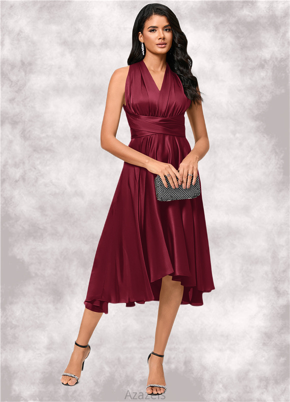 Lorelai A-line Halter One Shoulder V-Neck Asymmetrical Silky Satin Cocktail Dress With Ruffle DFP0022280