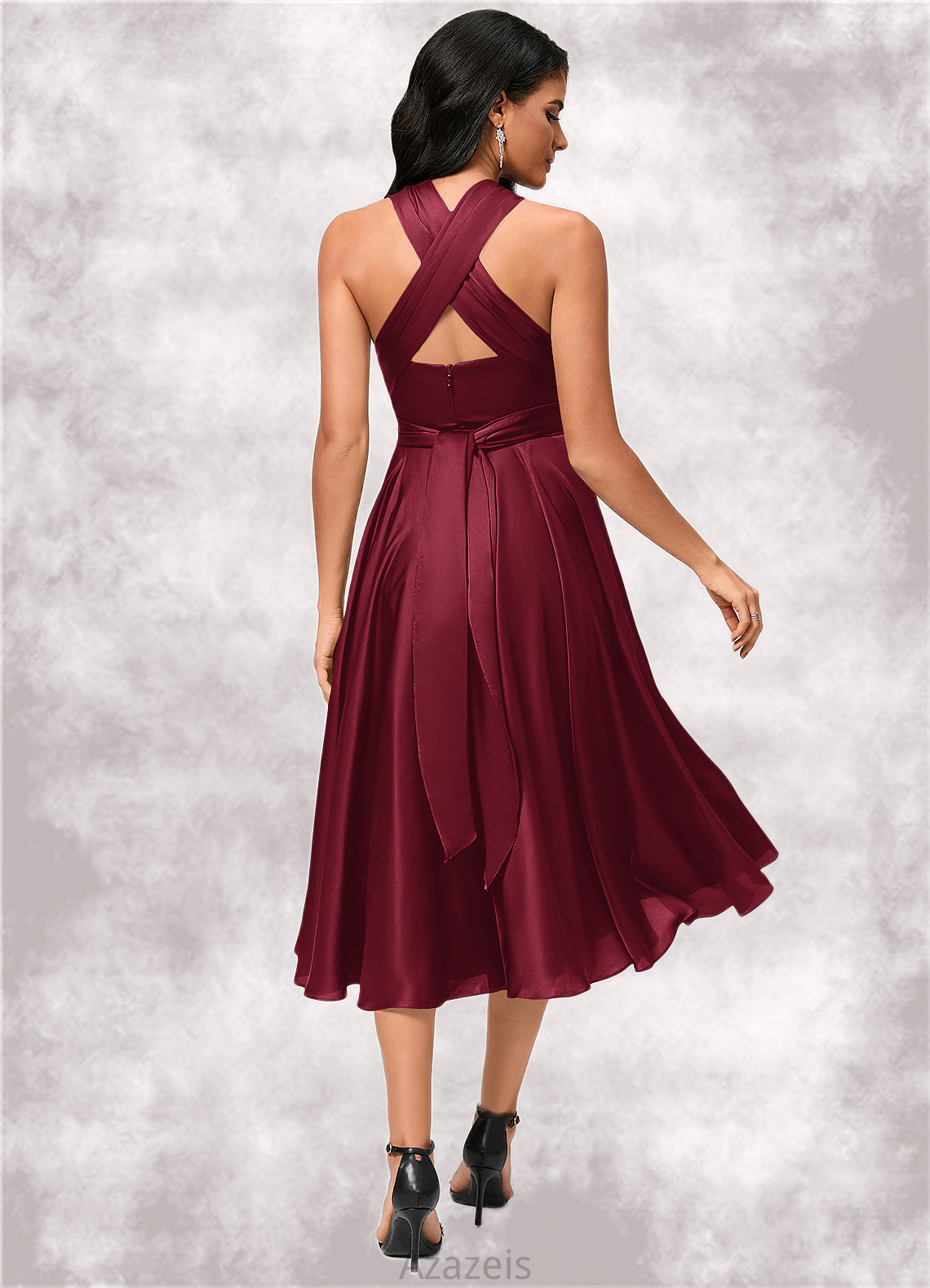 Lorelai A-line Halter One Shoulder V-Neck Asymmetrical Silky Satin Cocktail Dress With Ruffle DFP0022280