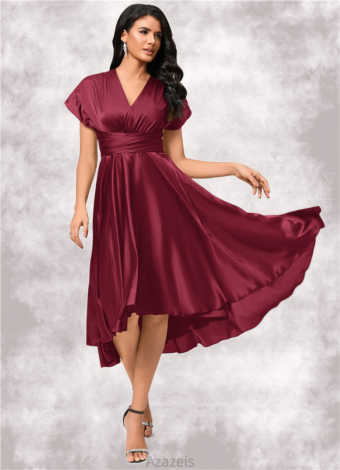 Lorelai A-line Halter One Shoulder V-Neck Asymmetrical Silky Satin Cocktail Dress With Ruffle DFP0022280