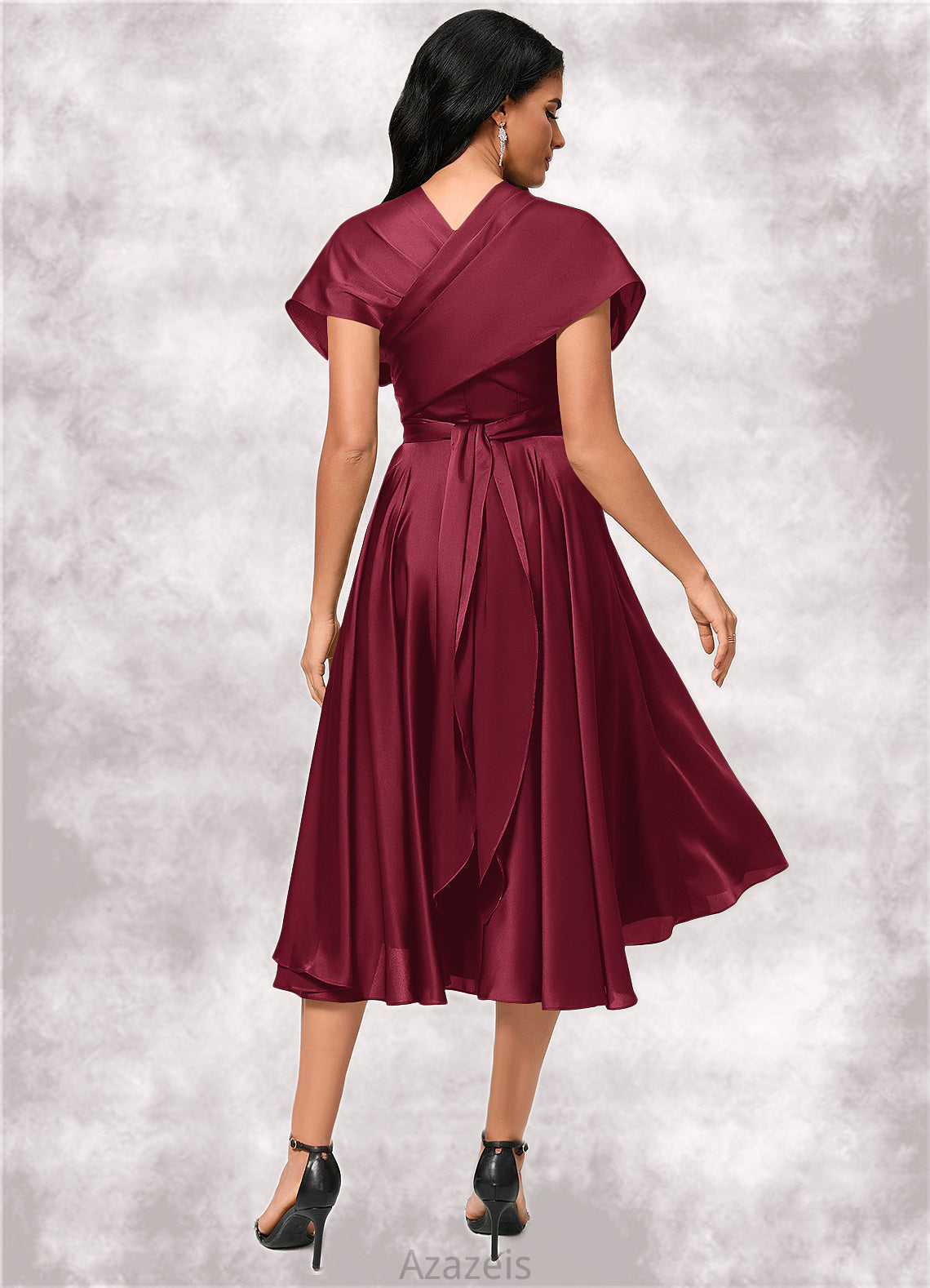 Lorelai A-line Halter One Shoulder V-Neck Asymmetrical Silky Satin Cocktail Dress With Ruffle DFP0022280