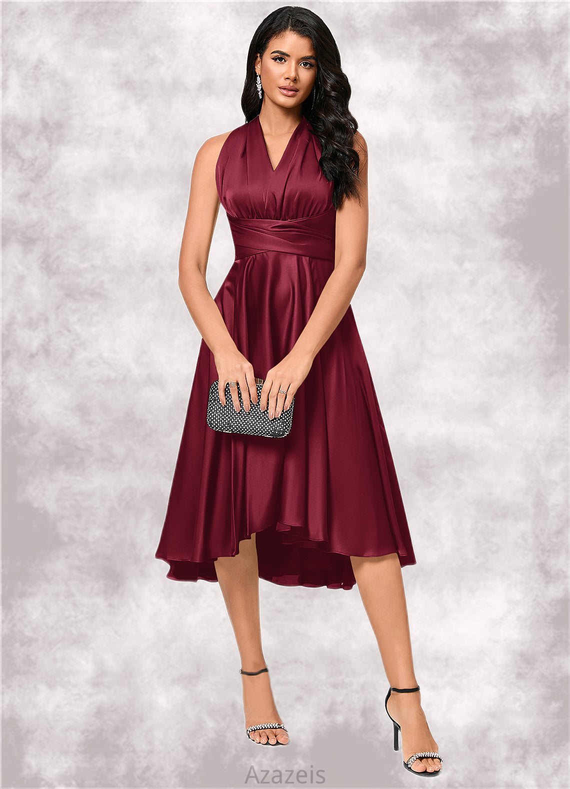 Lorelai A-line Halter One Shoulder V-Neck Asymmetrical Silky Satin Cocktail Dress With Ruffle DFP0022280