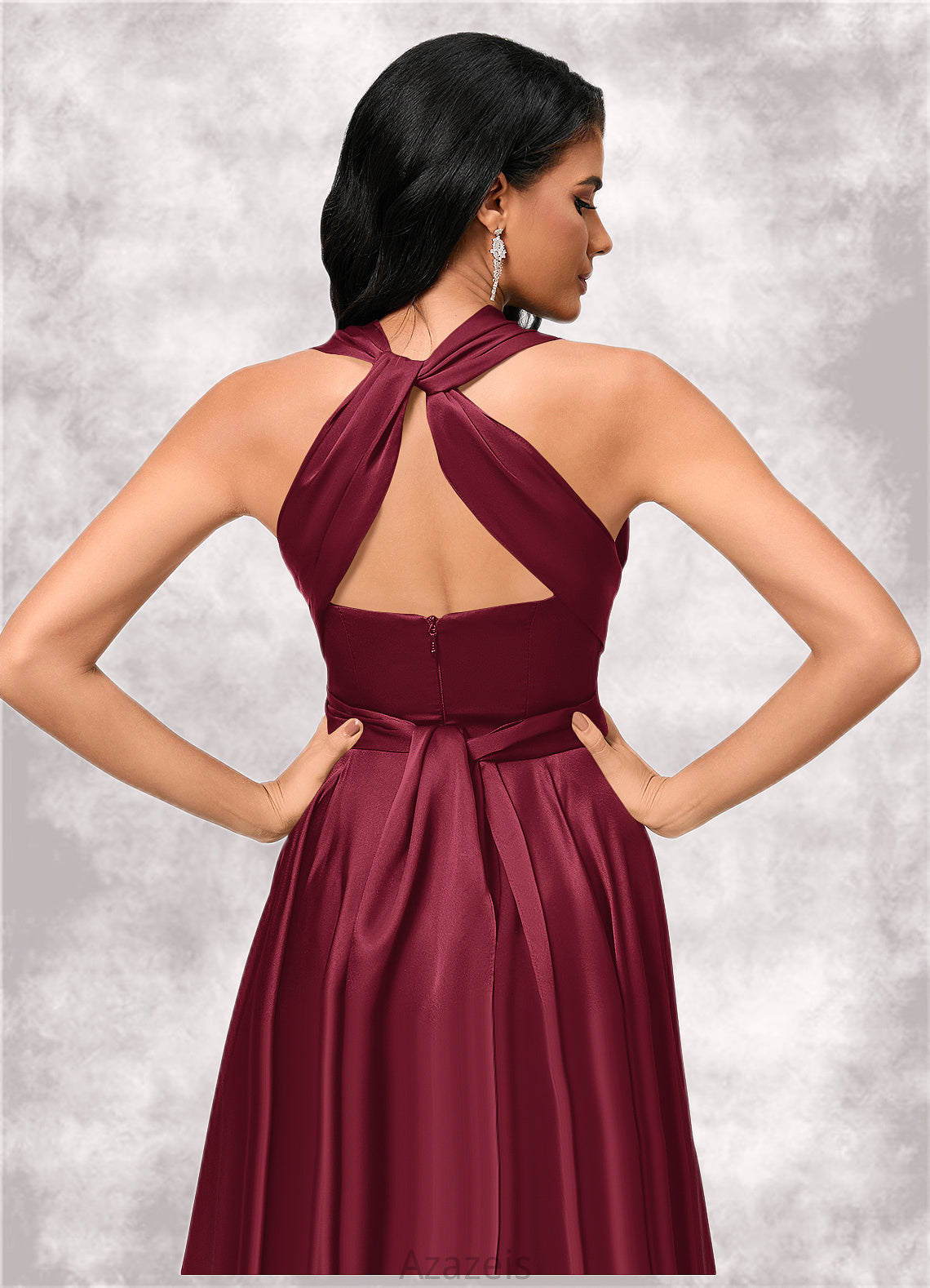 Lorelai A-line Halter One Shoulder V-Neck Asymmetrical Silky Satin Cocktail Dress With Ruffle DFP0022280