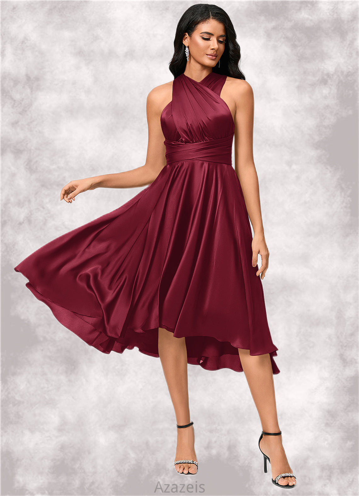 Lorelai A-line Halter One Shoulder V-Neck Asymmetrical Silky Satin Cocktail Dress With Ruffle DFP0022280
