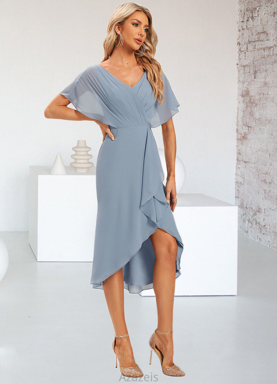 Frances Sheath/Column V-Neck Asymmetrical Chiffon Cocktail Dress With Ruffle DFP0022282