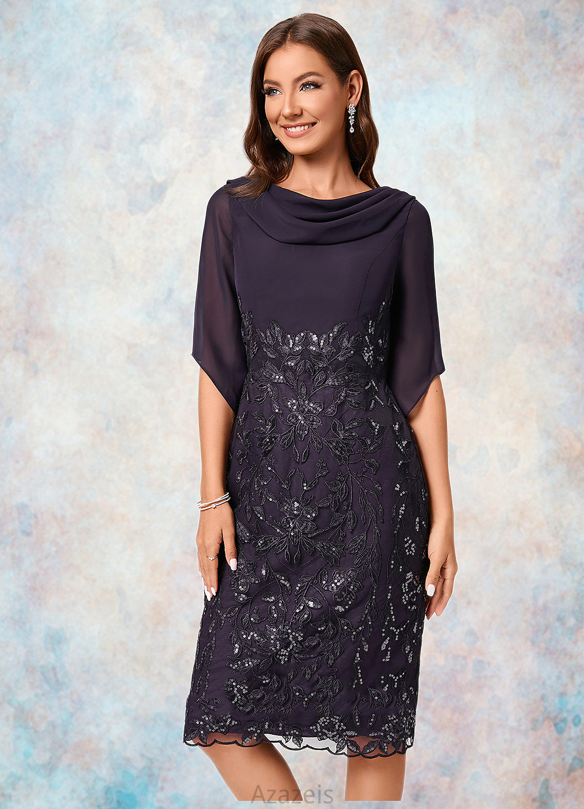 Giovanna Sheath/Column Cowl Knee-Length Chiffon Lace Cocktail Dress With Ruffle Sequins DFP0022287