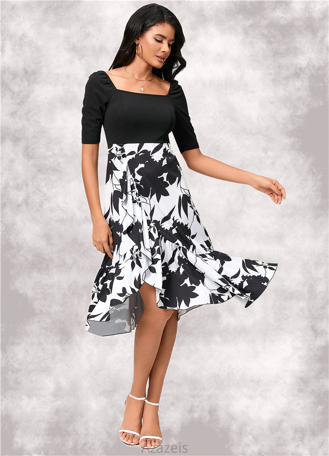 Bethany A-line Square Asymmetrical Polyester Cocktail Dress With Cascading Ruffles DFP0022292