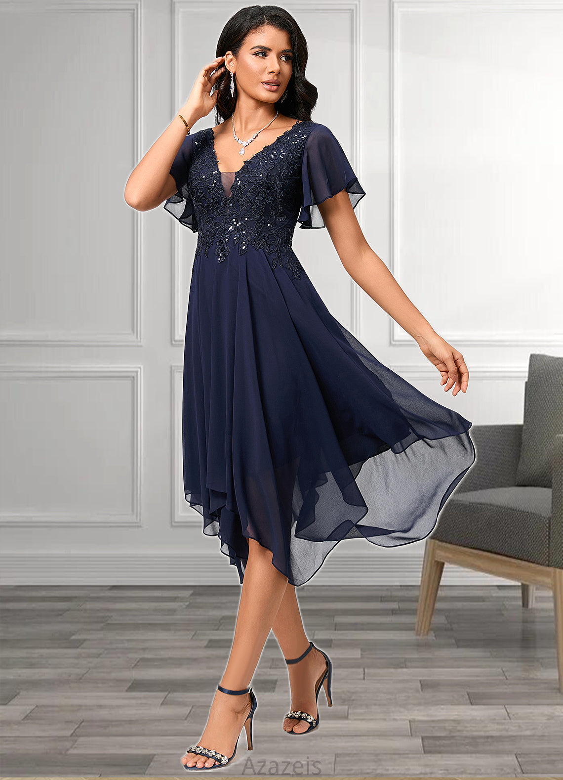 Marianna A-line V-Neck Tea-Length Chiffon Cocktail Dress With Sequins DFP0022296