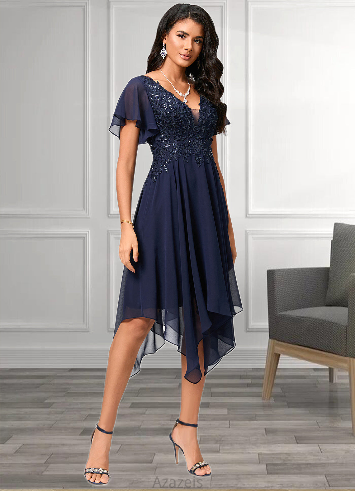 Marianna A-line V-Neck Tea-Length Chiffon Cocktail Dress With Sequins DFP0022296