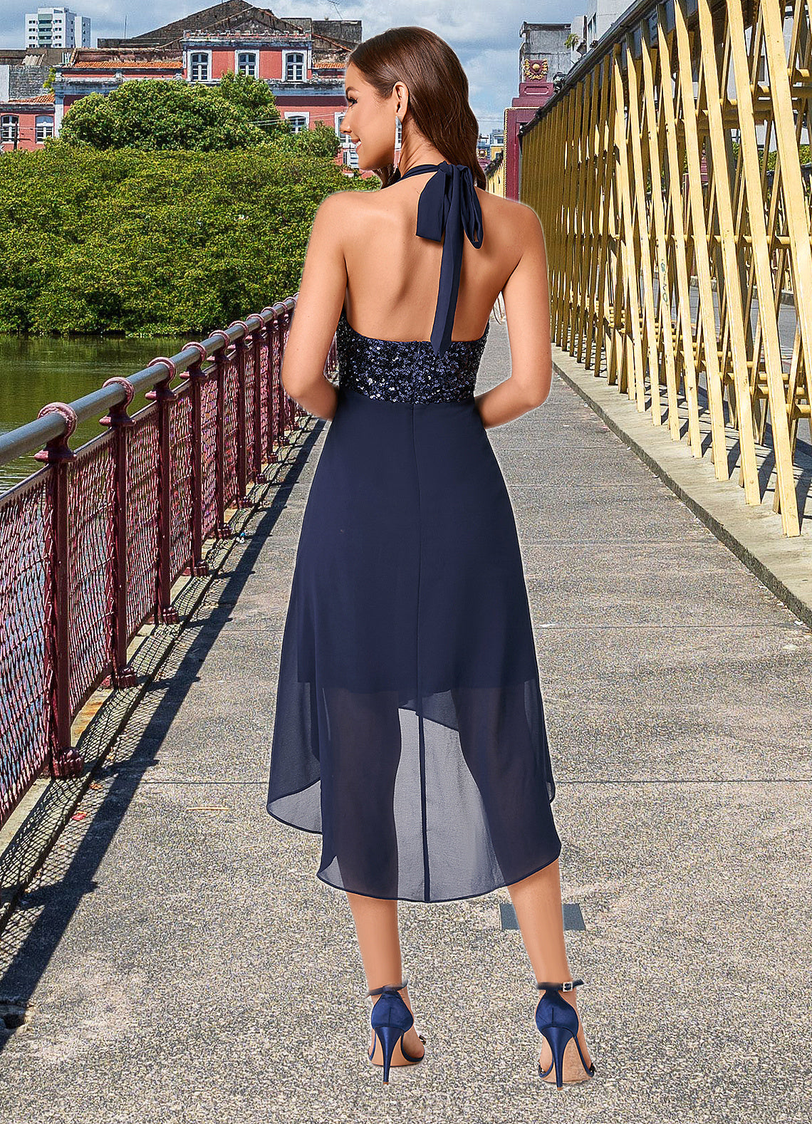 Princess A-line Halter Asymmetrical Chiffon Sequin Cocktail Dress With Sequins DFP0022299