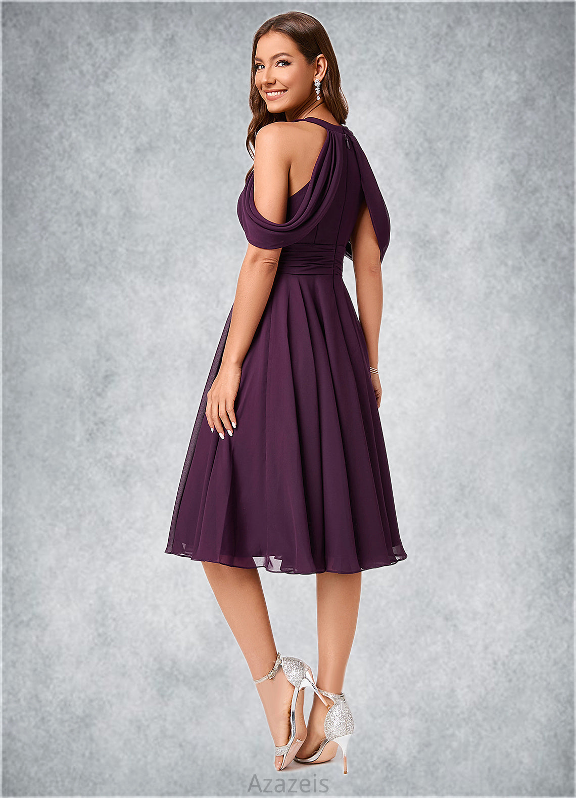 Kinley A-line Cold Shoulder Scoop Knee-Length Chiffon Cocktail Dress With Ruffle DFP0022302