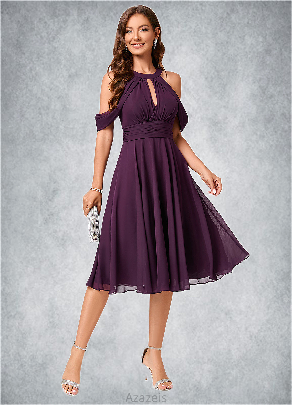 Kinley A-line Cold Shoulder Scoop Knee-Length Chiffon Cocktail Dress With Ruffle DFP0022302