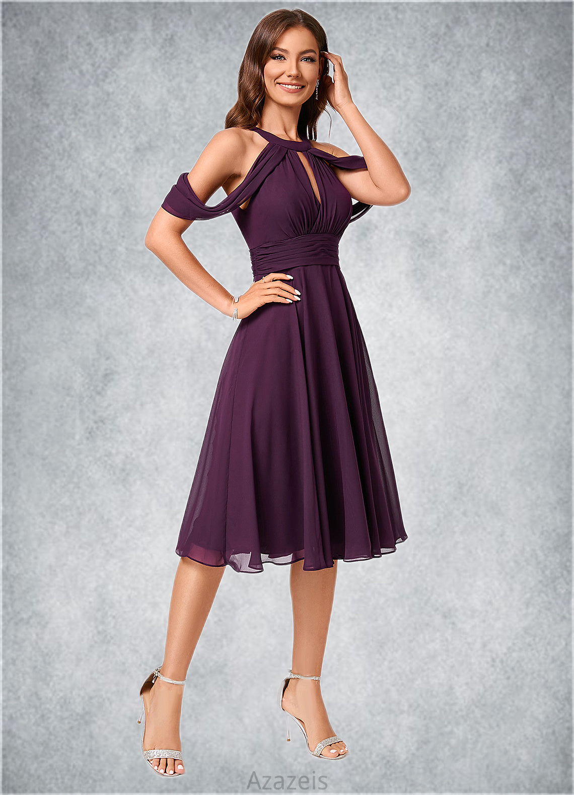 Kinley A-line Cold Shoulder Scoop Knee-Length Chiffon Cocktail Dress With Ruffle DFP0022302