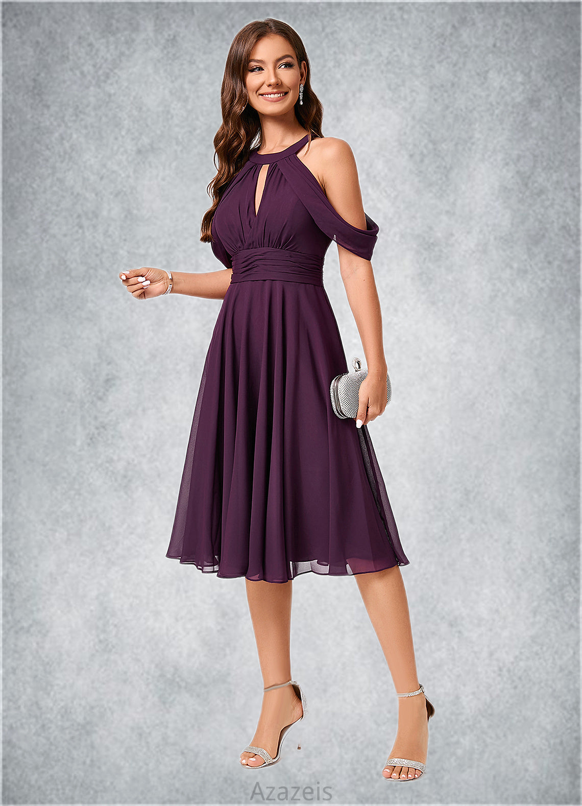 Kinley A-line Cold Shoulder Scoop Knee-Length Chiffon Cocktail Dress With Ruffle DFP0022302