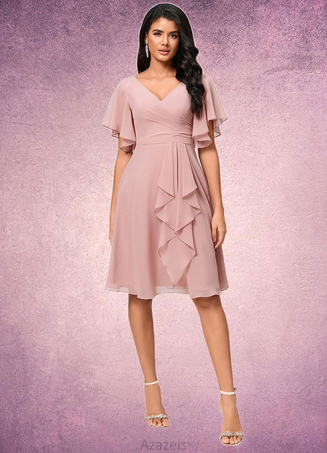 Rosa A-line V-Neck Knee-Length Chiffon Cocktail Dress With Ruffle DFP0022335