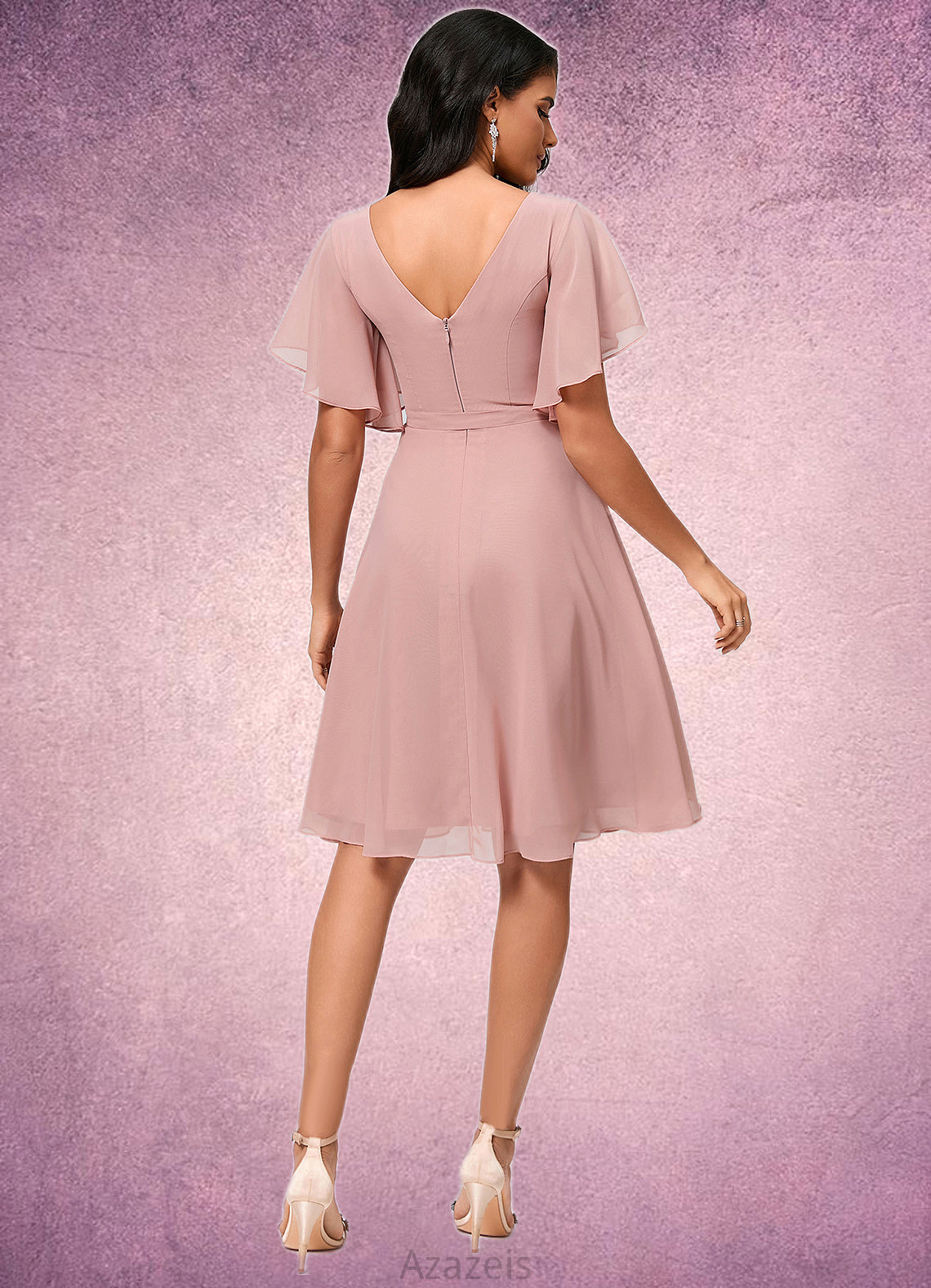 Rosa A-line V-Neck Knee-Length Chiffon Cocktail Dress With Ruffle DFP0022335
