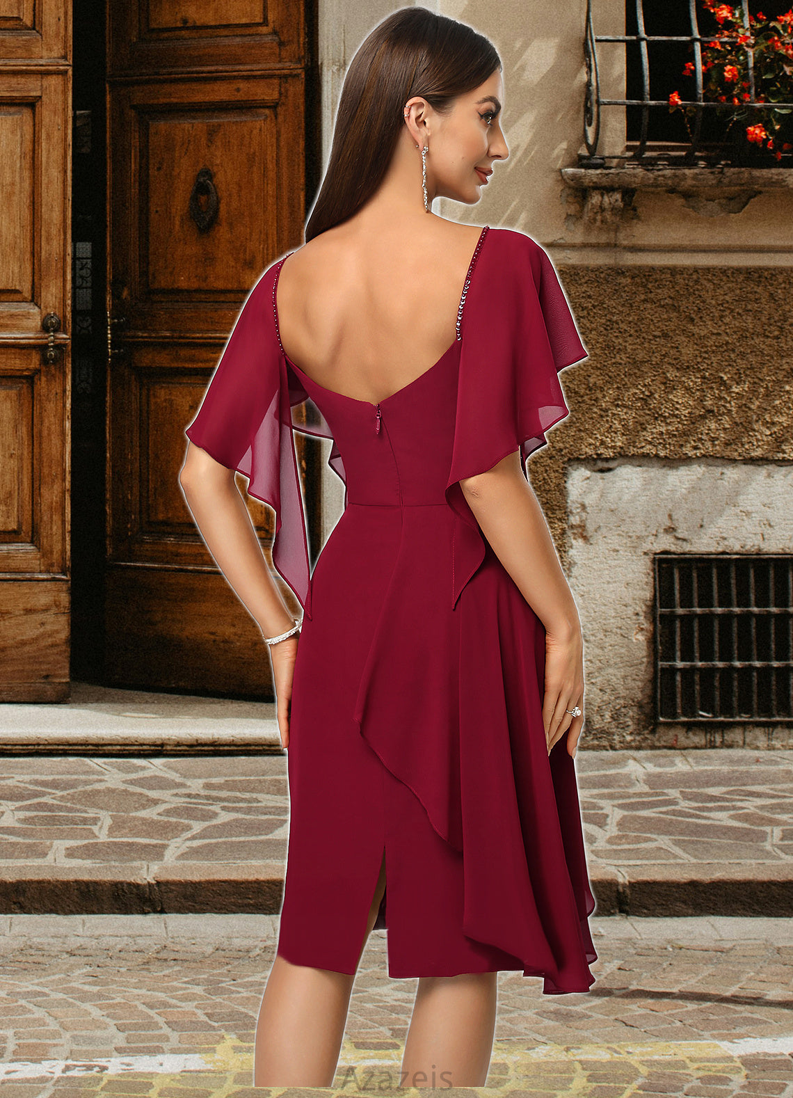 Kaitlin Sheath/Column V-Neck Knee-Length Chiffon Cocktail Dress With Beading Cascading Ruffles DFP0022350