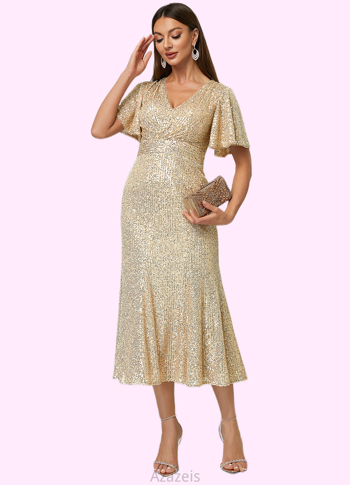 Megan Trumpet/Mermaid V-Neck Tea-Length Sequin Cocktail Dress DFP0022351