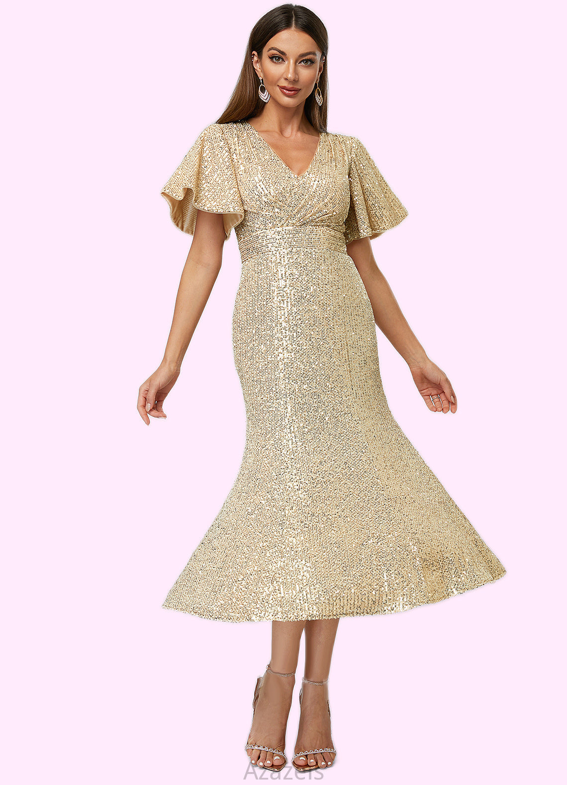 Megan Trumpet/Mermaid V-Neck Tea-Length Sequin Cocktail Dress DFP0022351