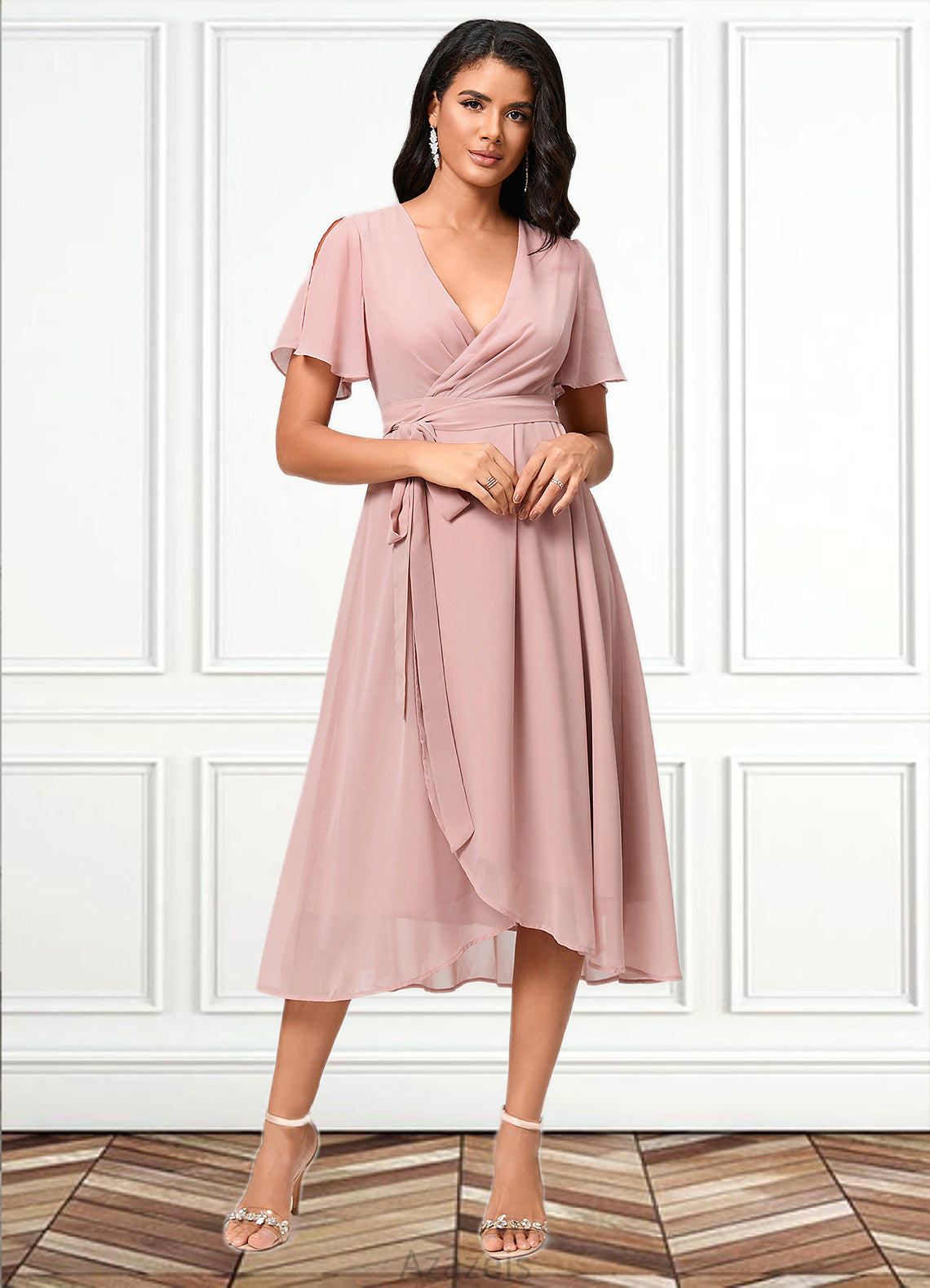 Liz A-line V-Neck Asymmetrical Chiffon Cocktail Dress With Bow Pleated DFP0022368