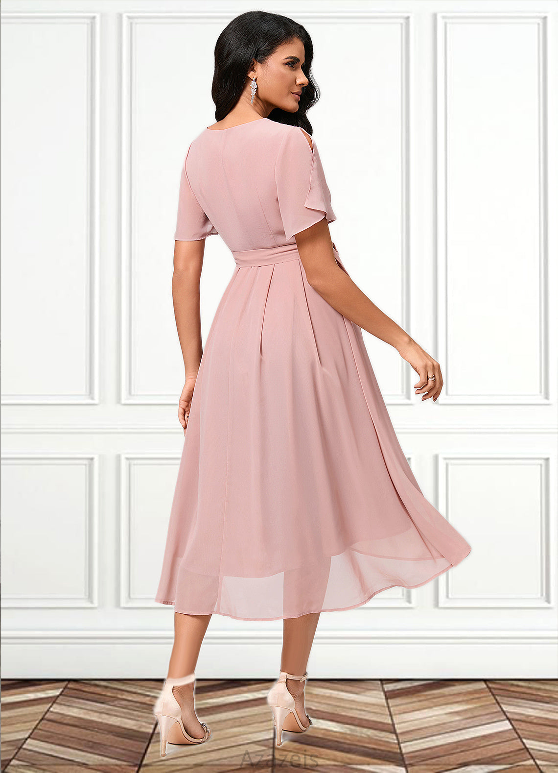 Liz A-line V-Neck Asymmetrical Chiffon Cocktail Dress With Bow Pleated DFP0022368