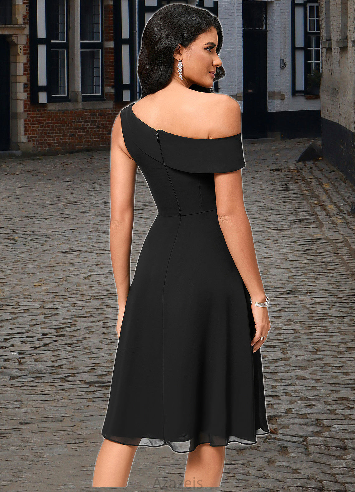 Vera A-line One Shoulder Tea-Length Chiffon Cocktail Dress With Ruffle DFP0022378