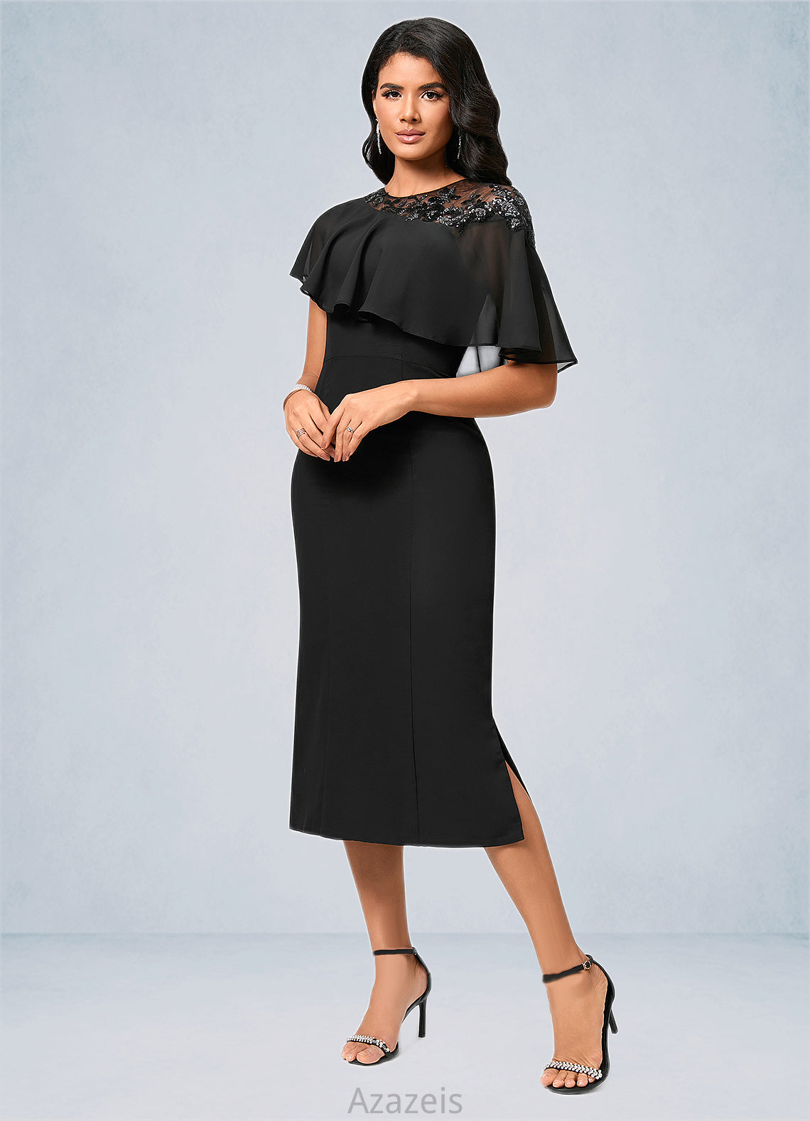 Gretchen Sheath/Column Scoop Tea-Length Chiffon Cocktail Dress With Appliques Lace DFP0022388