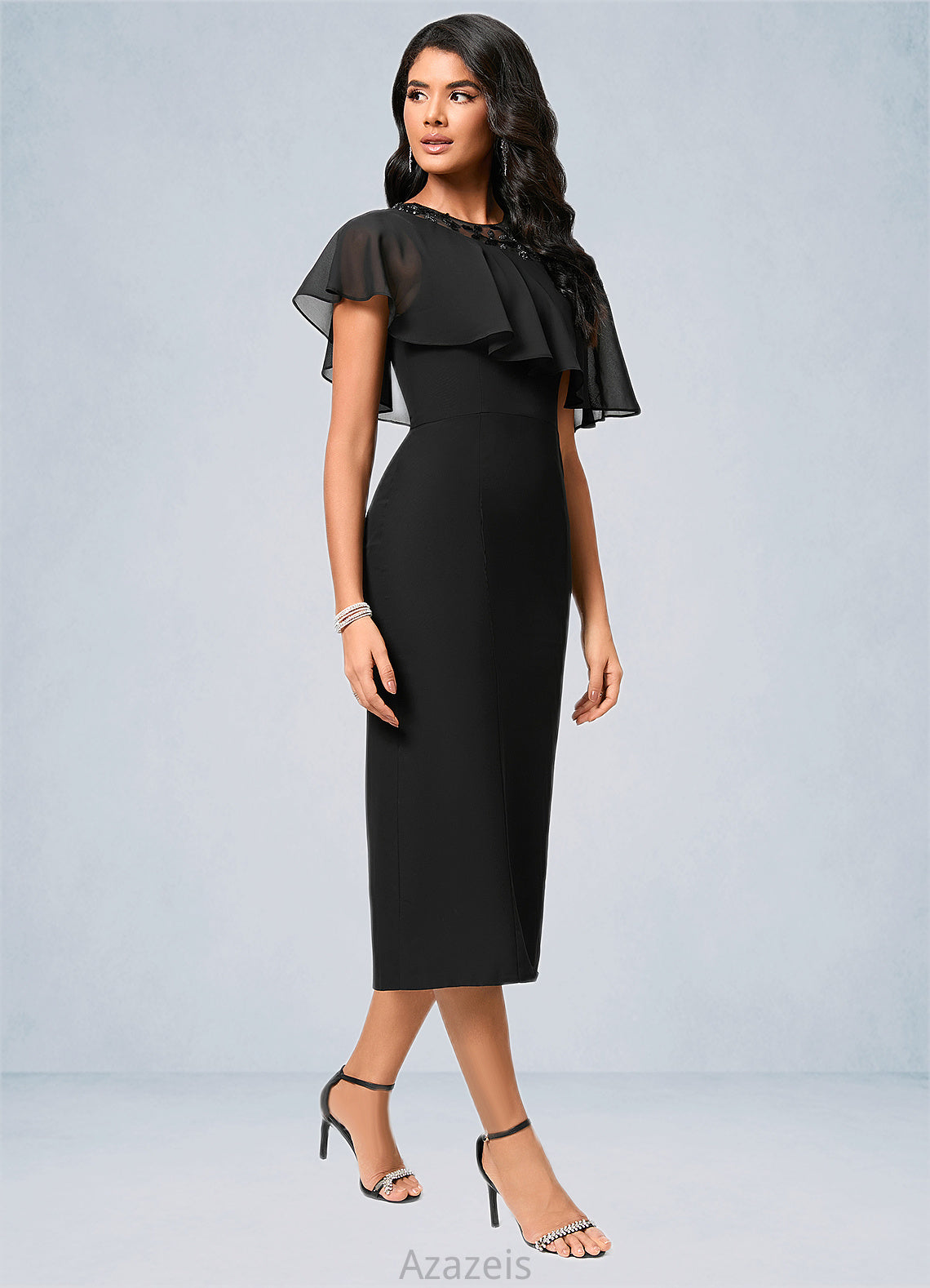 Gretchen Sheath/Column Scoop Tea-Length Chiffon Cocktail Dress With Appliques Lace DFP0022388
