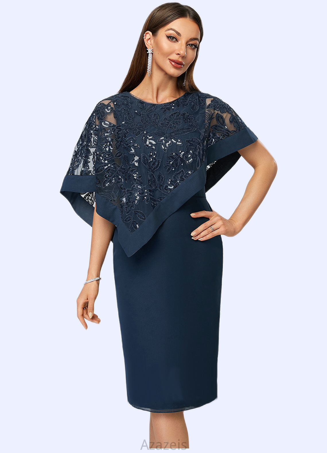 Avery Sheath/Column Scoop Knee-Length Chiffon Lace Cocktail Dress With Sequins DFP0022399