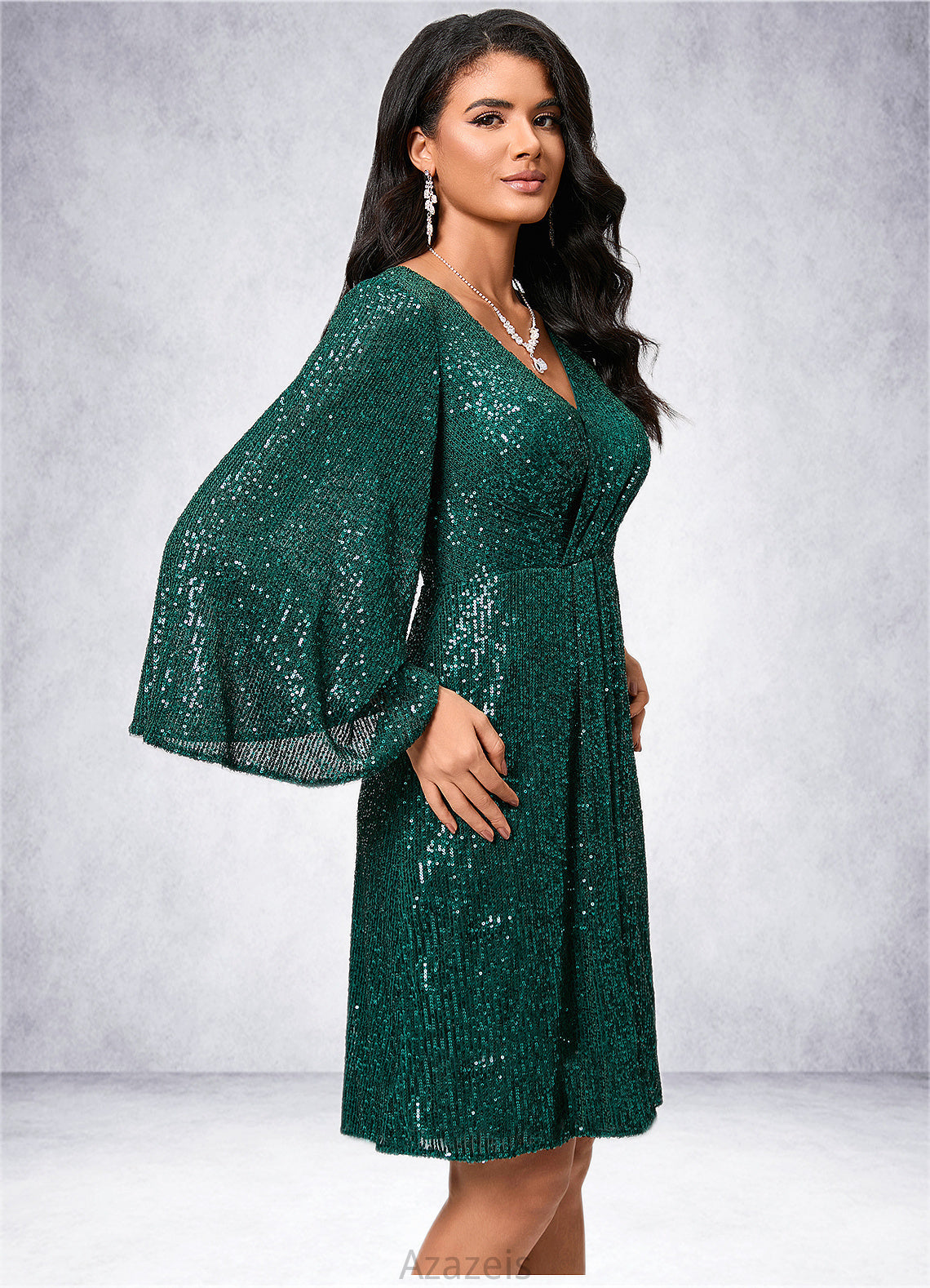 Karsyn Sheath/Column V-Neck Knee-Length Sequin Cocktail Dress With Ruffle DFP0022400