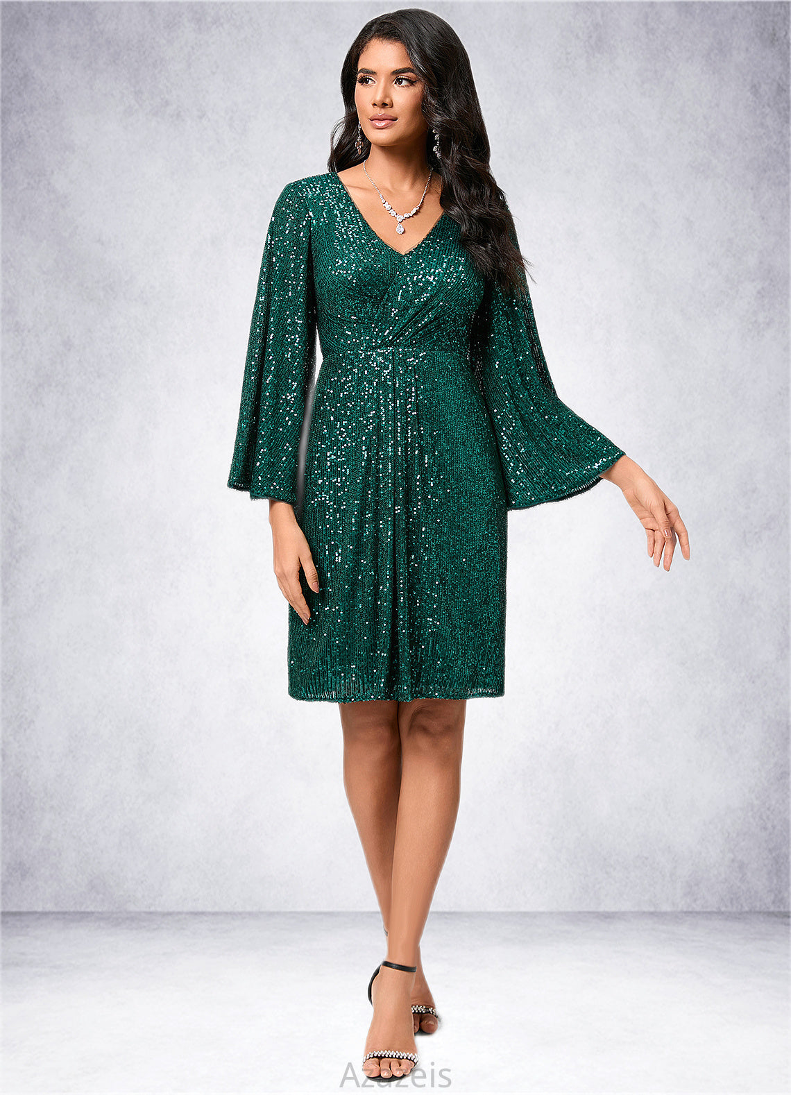 Karsyn Sheath/Column V-Neck Knee-Length Sequin Cocktail Dress With Ruffle DFP0022400