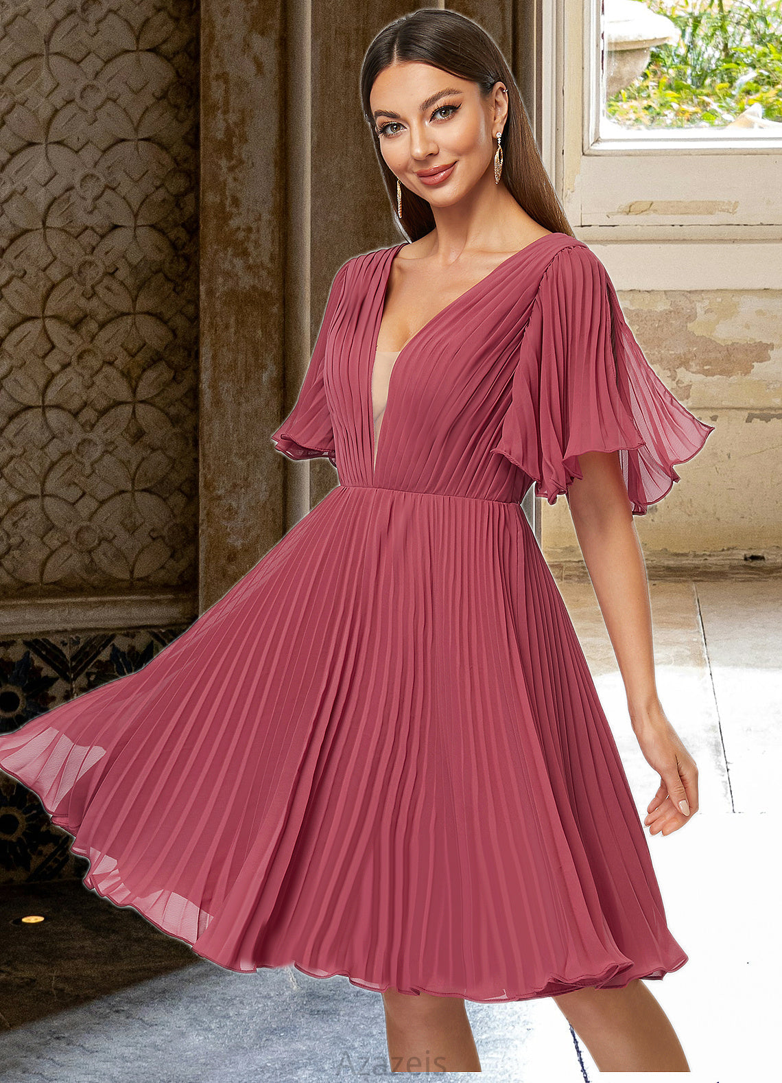Angelica A-line V-Neck Knee-Length Chiffon Cocktail Dress With Pleated DFP0022429