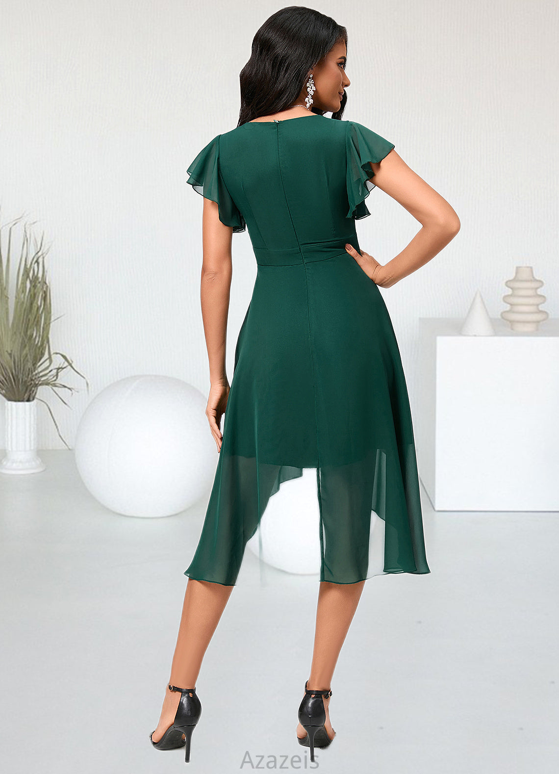 Greta A-line V-Neck Asymmetrical Chiffon Cocktail Dress With Ruffle DFP0022459