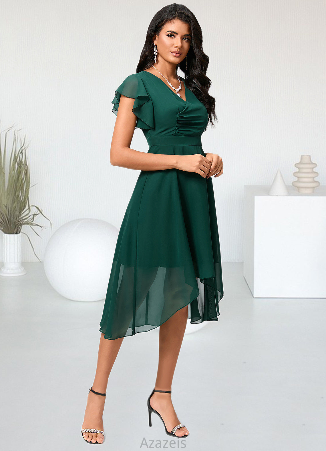 Greta A-line V-Neck Asymmetrical Chiffon Cocktail Dress With Ruffle DFP0022459