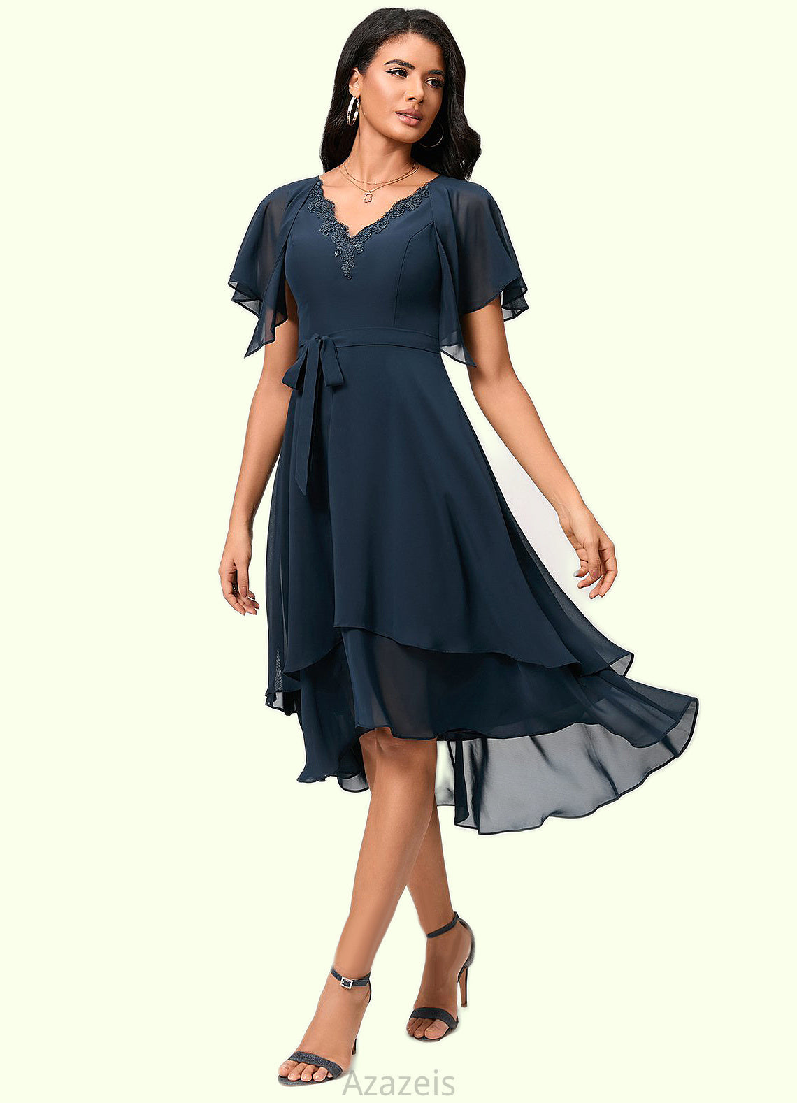 Gretchen A-line V-Neck Asymmetrical Chiffon Lace Cocktail Dress DFP0022461