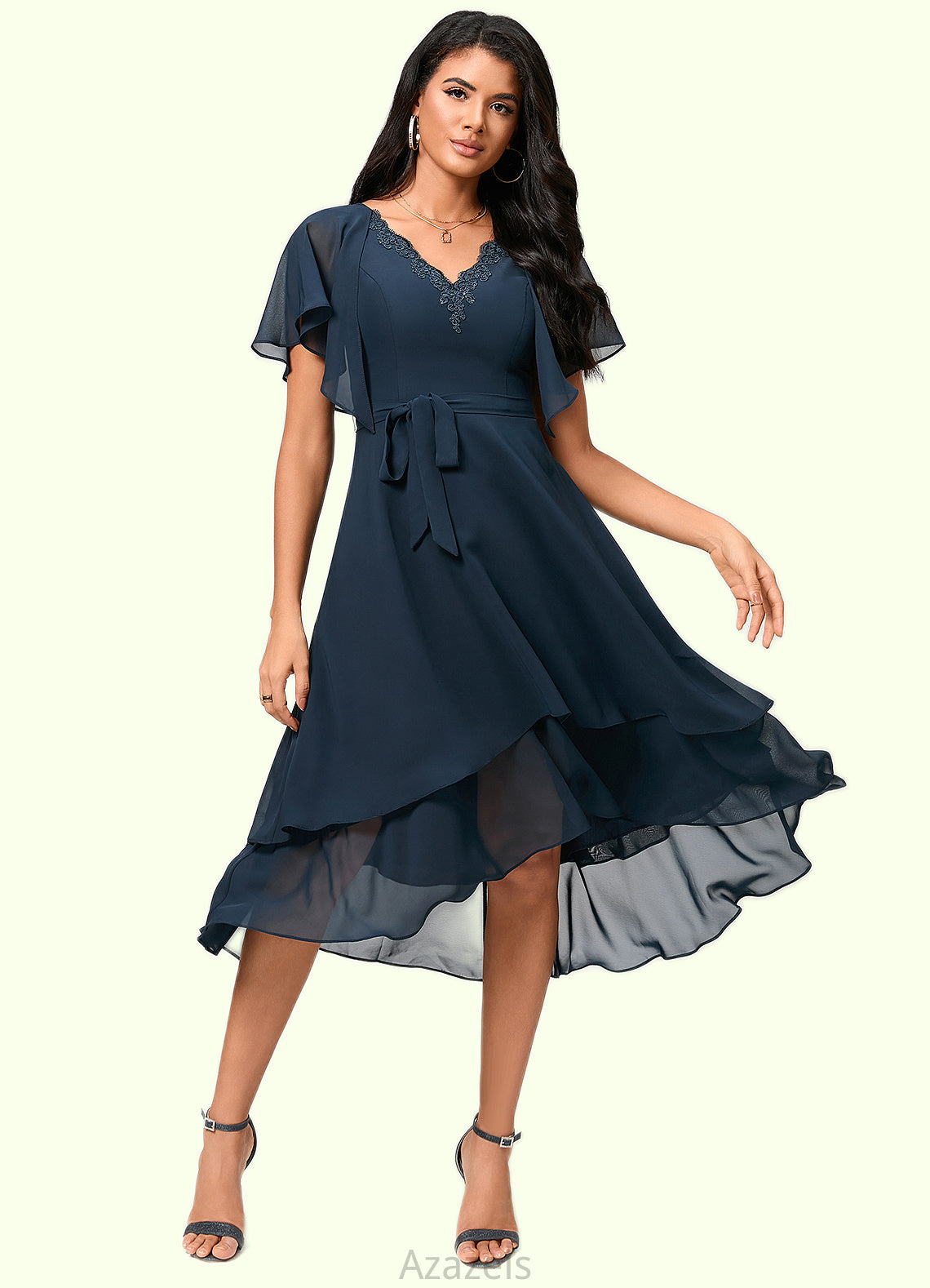 Gretchen A-line V-Neck Asymmetrical Chiffon Lace Cocktail Dress DFP0022461