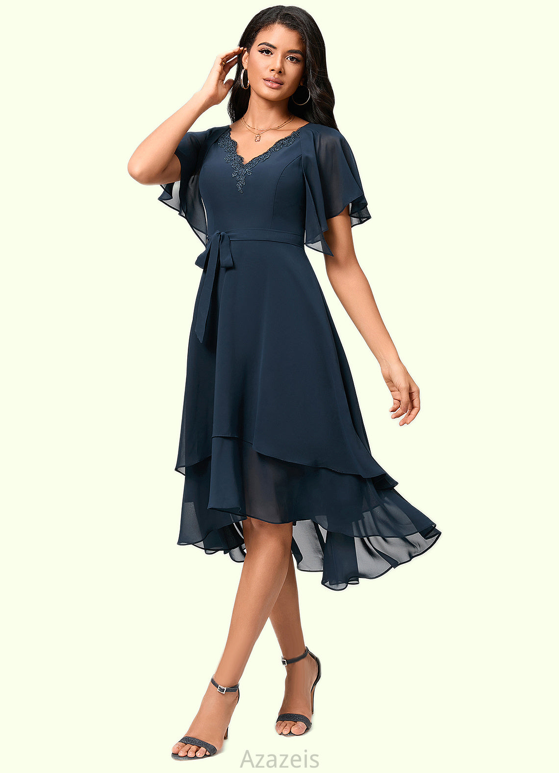 Gretchen A-line V-Neck Asymmetrical Chiffon Lace Cocktail Dress DFP0022461