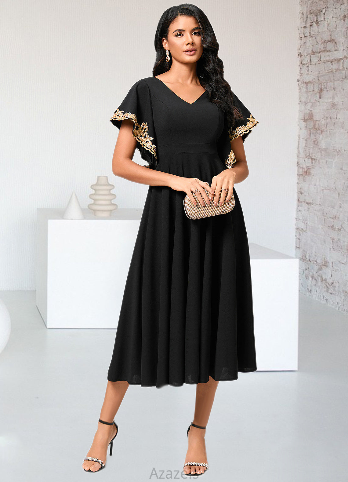 Hilda A-line V-Neck Tea-Length Stretch Crepe Cocktail Dress With Appliques Lace DFP0022463