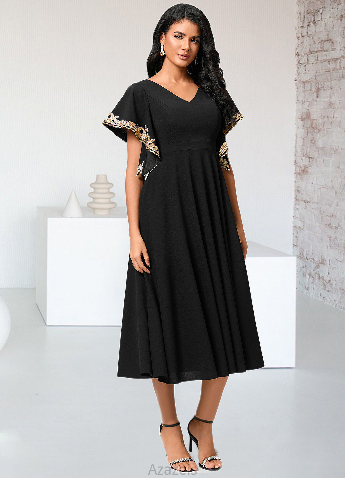 Hilda A-line V-Neck Tea-Length Stretch Crepe Cocktail Dress With Appliques Lace DFP0022463
