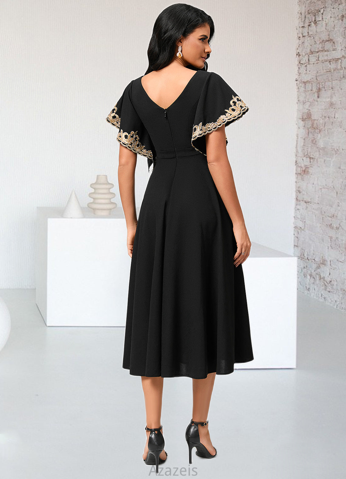 Hilda A-line V-Neck Tea-Length Stretch Crepe Cocktail Dress With Appliques Lace DFP0022463